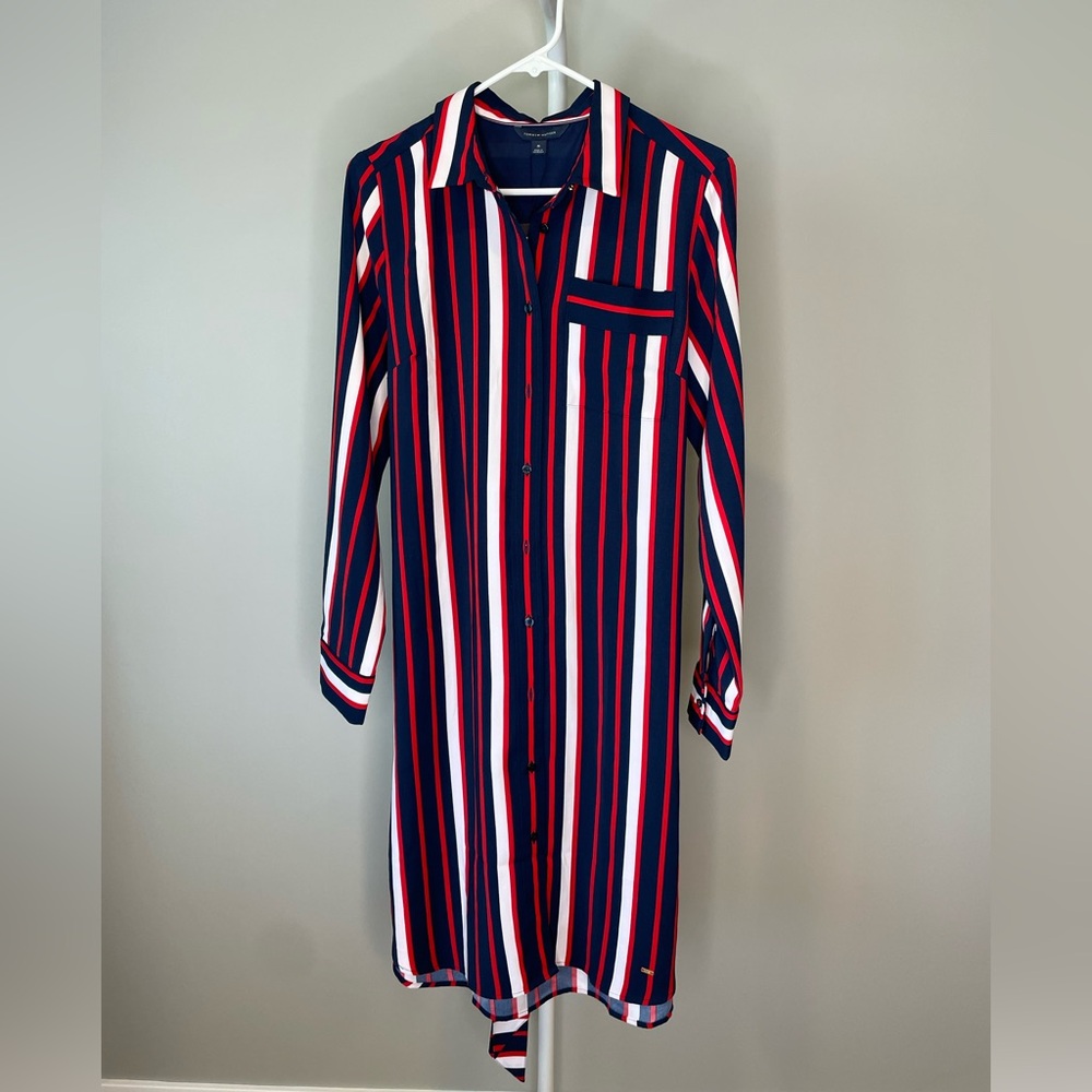 Tommy Hilfiger Navy, Red & White Striped Button-Front Shirt Dress Size Medium
